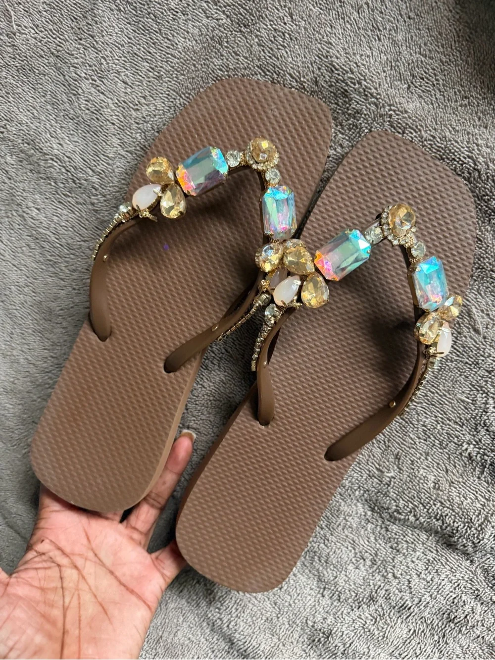 Jeweled Brown Platform Thong Sandals - Women's
